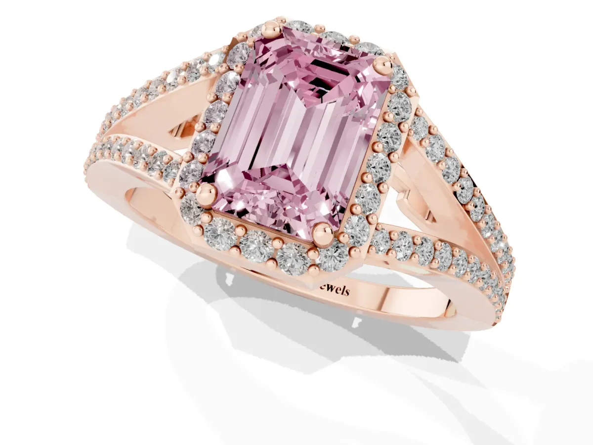 Fancy Pink Emerald Cut Halo Split Shank Diamond Ring with Prong Setting Rose gold