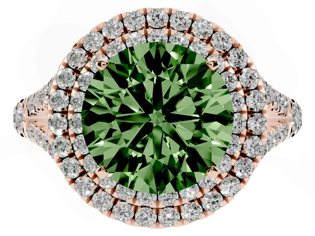 Fancy Green Double Halo Round Cut Diamond Split Shank Engagement Ring with Four-Prong Setting Rose gold