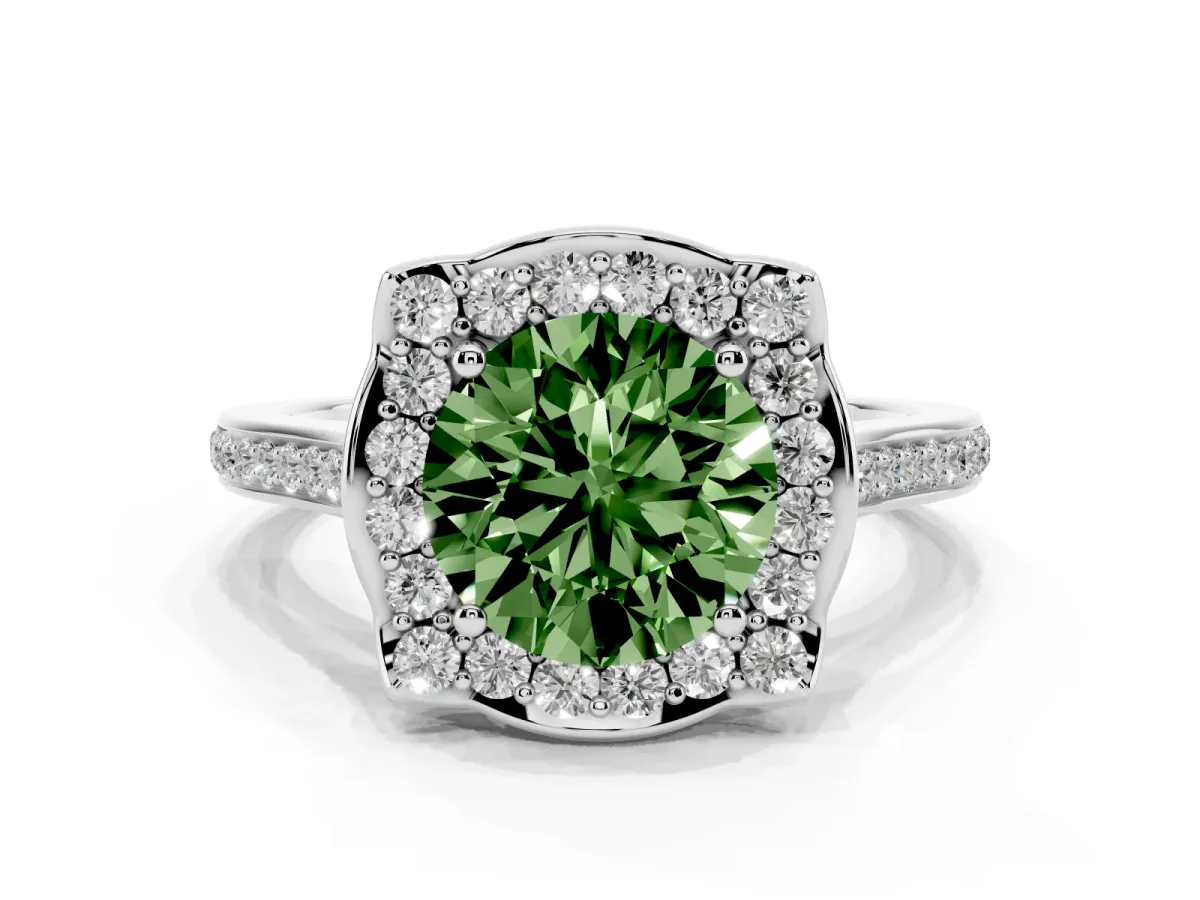 Fancy Green Round Cut Halo Round Diamond Pave Band with Four-Prong Setting Silver