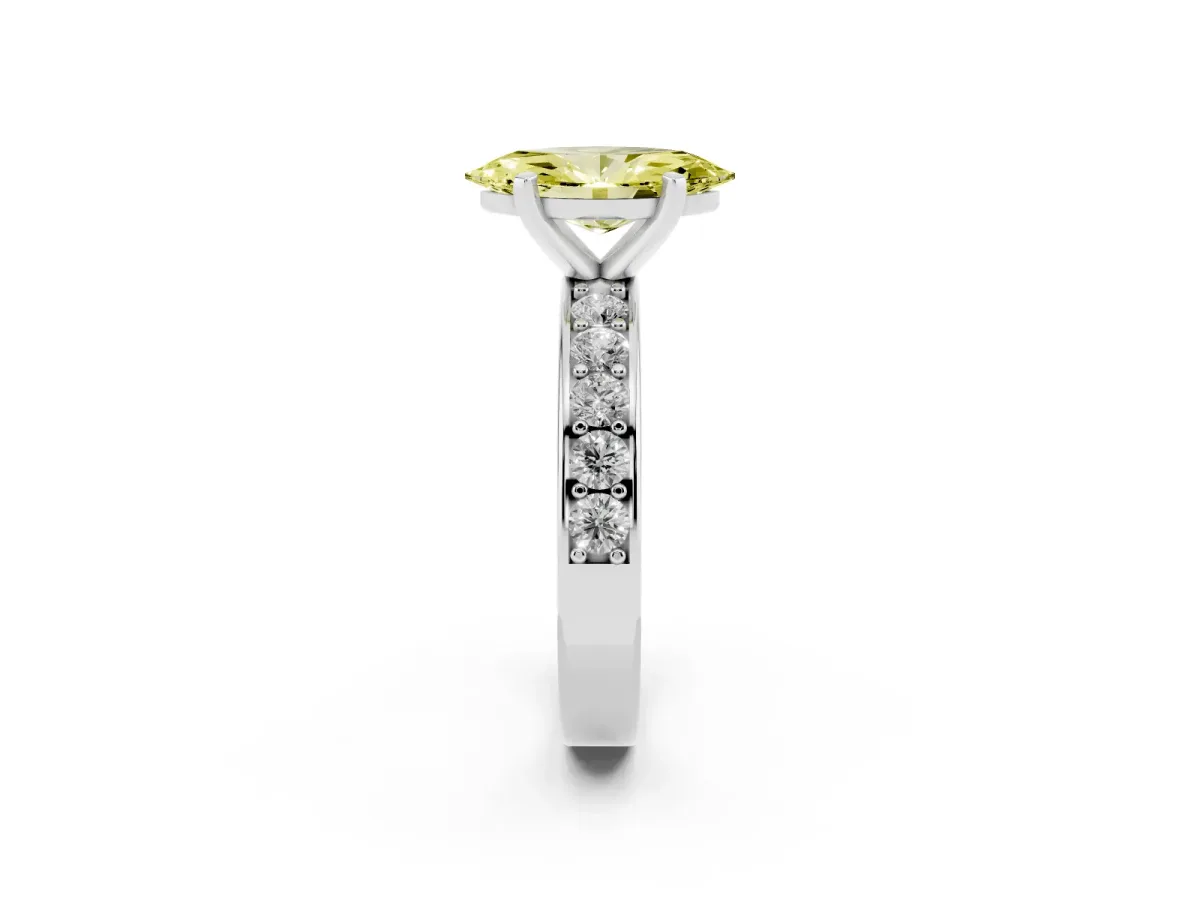 Fancy Yellow Marquise Cut Diamond Engagement Ring with Channel Set Round Band and Prong Setting White gold