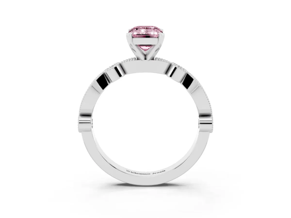 Fancy Pink Emerald Cut Milgrain Bezel Diamond Engagement Ring with Solitaire Prong Setting White gold