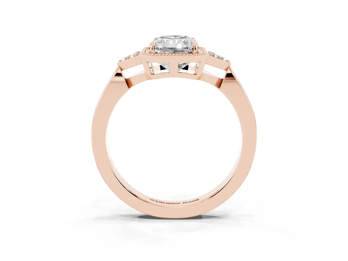 Radiant Cut Diamond Halo Ring with Tapered Band and Four-Prong Setting Rose gold