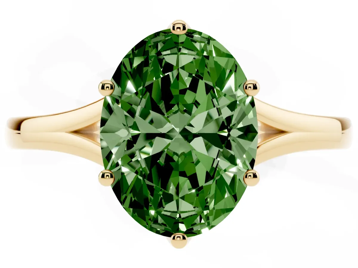 Fancy Green Oval Cut Solitaire Diamond Ring with Six-Prong Setting and Tapered Band Yellow gold