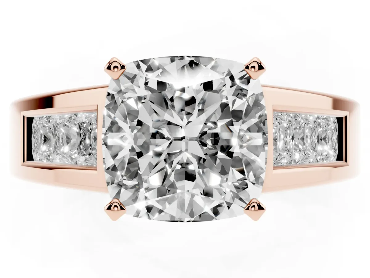 Cushion Cut Cut Channel Set Solitaire Ring with Four-Prong Setting Rose gold