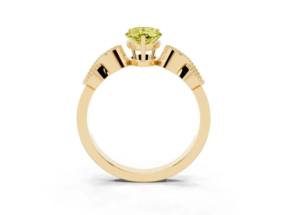 Fancy Yellow Pear Cut Solitaire Milgrain Leaf Band with Prong Setting Yellow gold