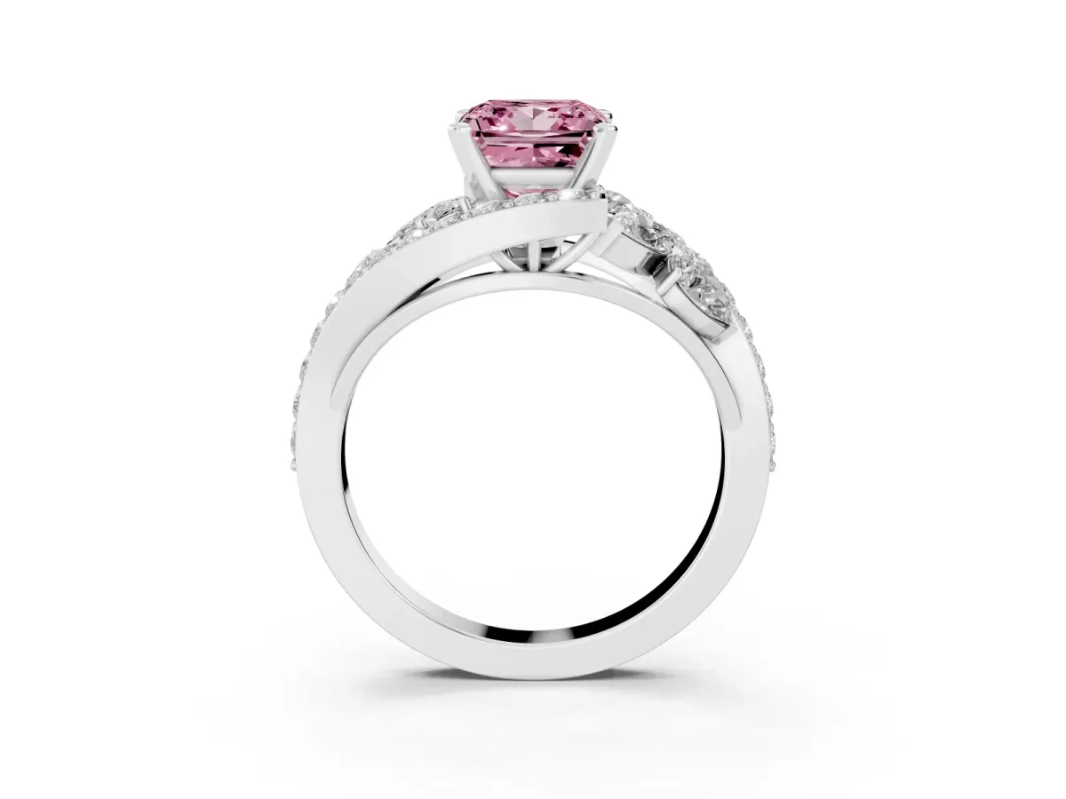 Fancy Pink Princess Cut Diamond Halo Ring with Marquise and Pavé Band in Prong Setting White gold