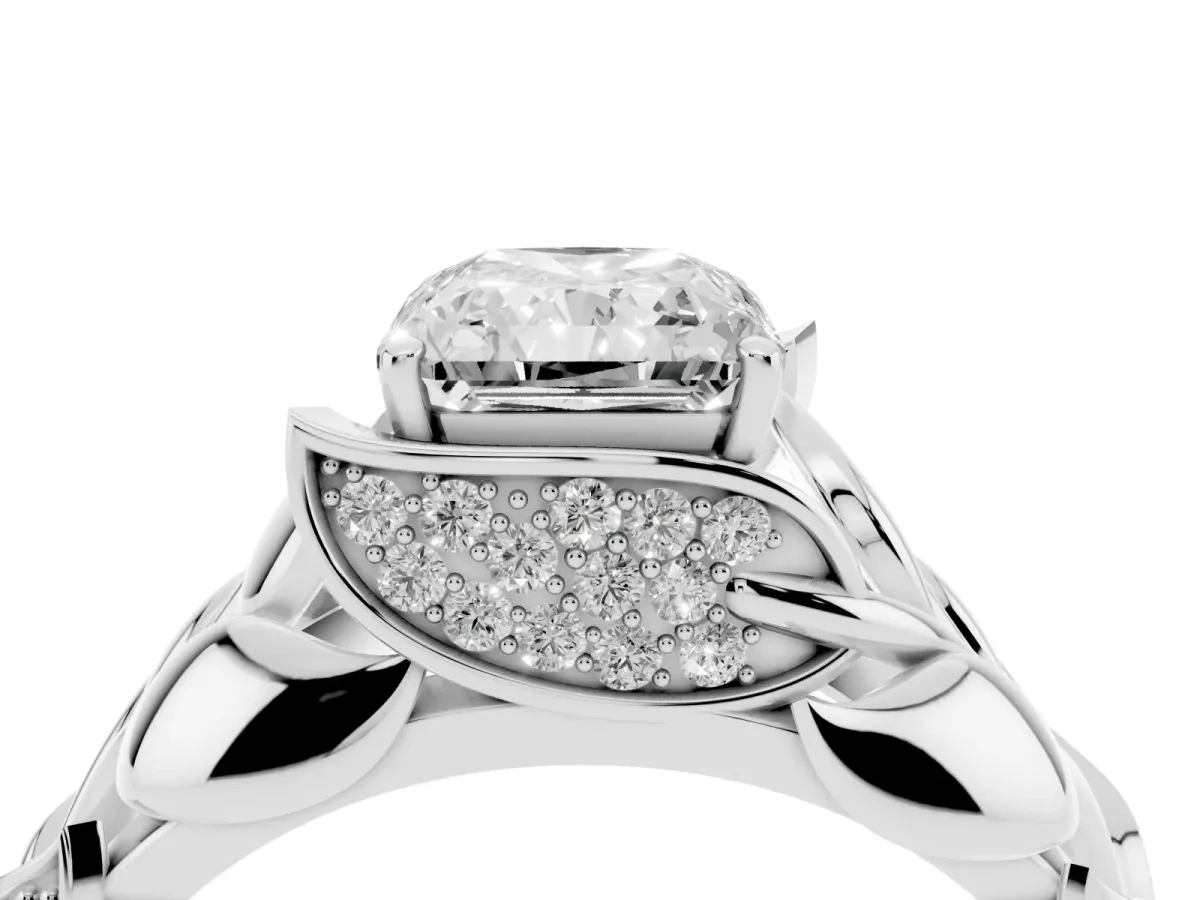 Radiant Cut Diamond Leaf-Inspired Engagement Ring with Round Accents and Prong Setting White gold