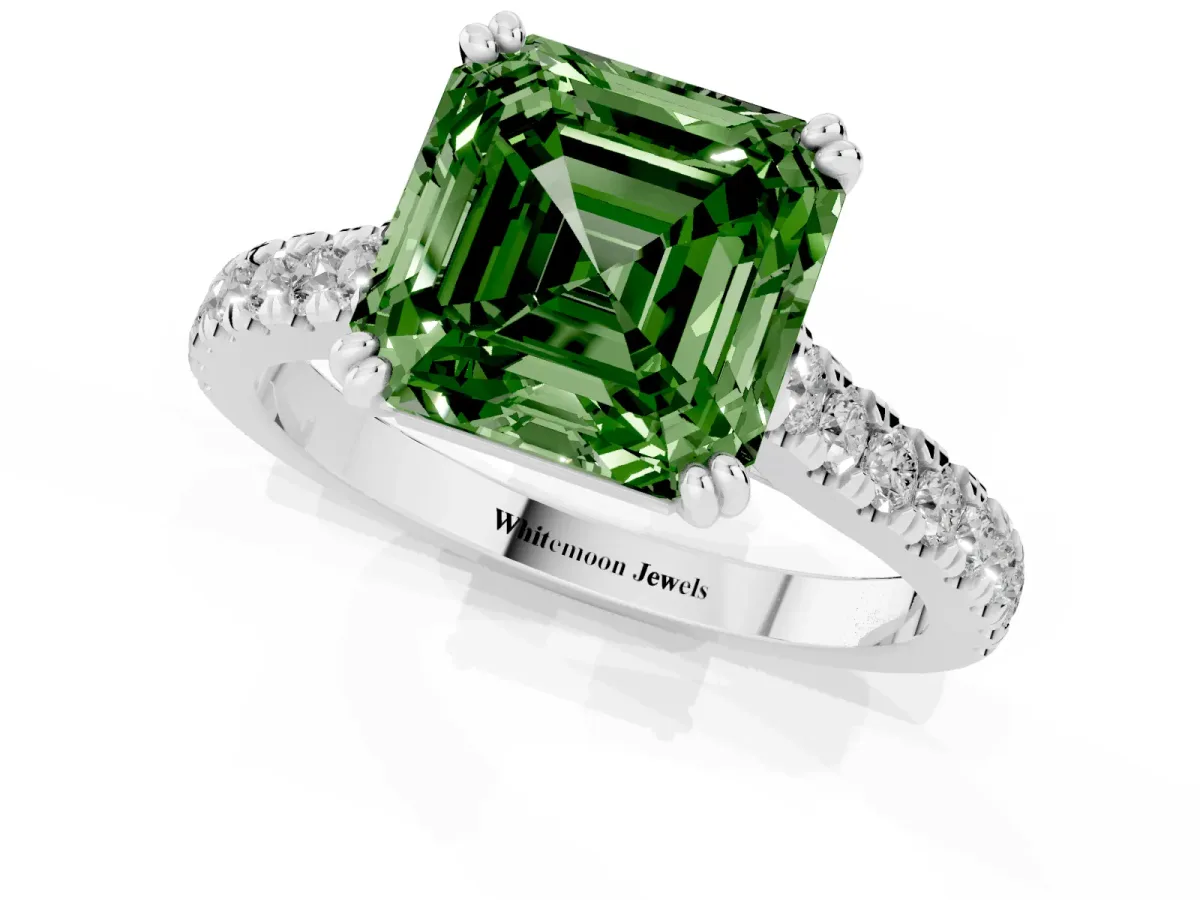 Fancy Green Asscher Cut Solitaire Pave Diamond Engagement Ring with Prong Setting Silver