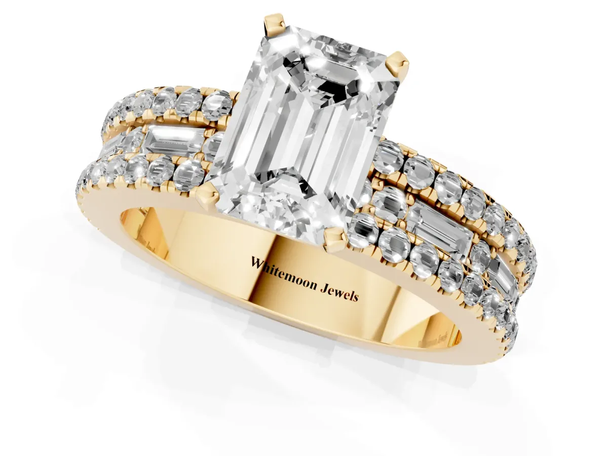 Emerald Cut Diamond Solitaire Ring with Pavé and Channel Set Band Yellow gold