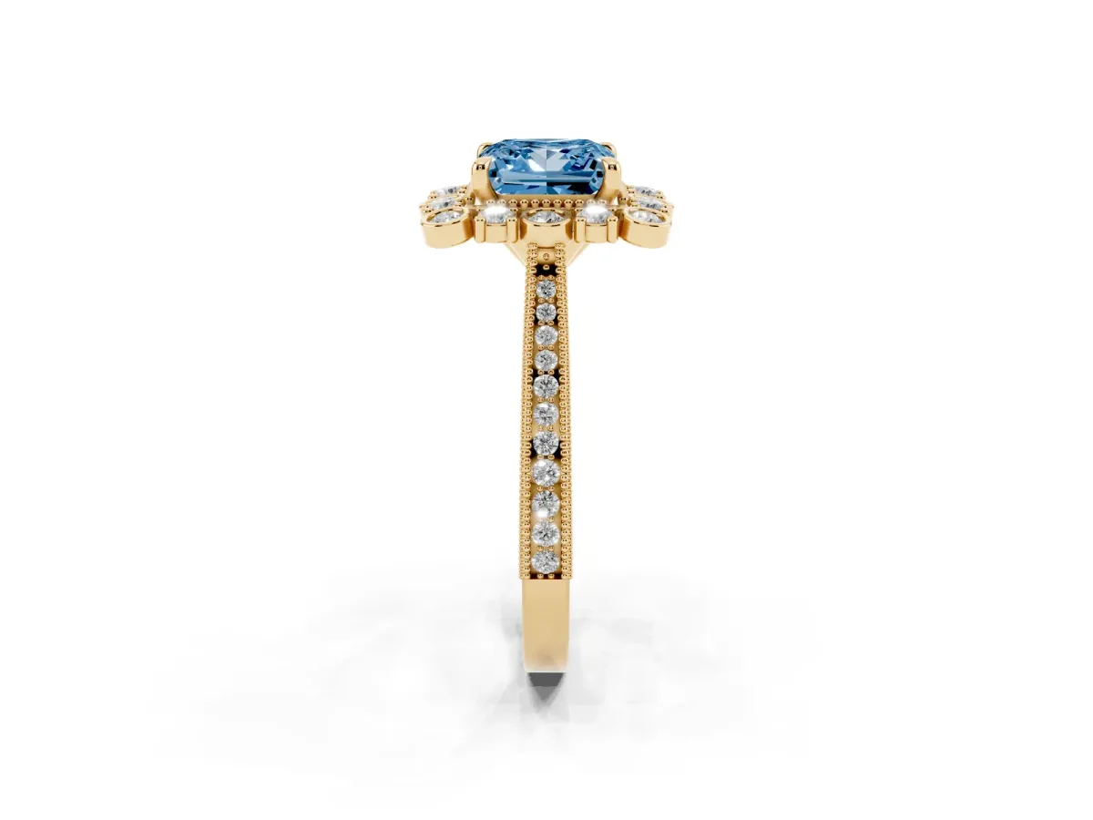 Fancy Blue Princess Cut Halo Milgrain Pave Diamond Ring with Four-Prong Setting Yellow gold