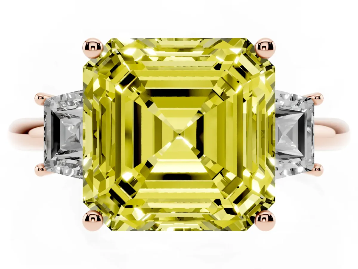Fancy Yellow Asscher Cut Diamond Three-Stone Ring with Trapezoid Side Stones and Prong Setting Rose gold