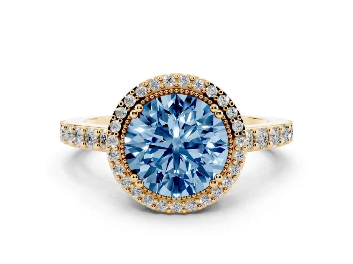 Fancy Blue Round Cut Cut Diamond Halo Engagement Ring with Milgrain Detail and Pavé Band Yellow gold