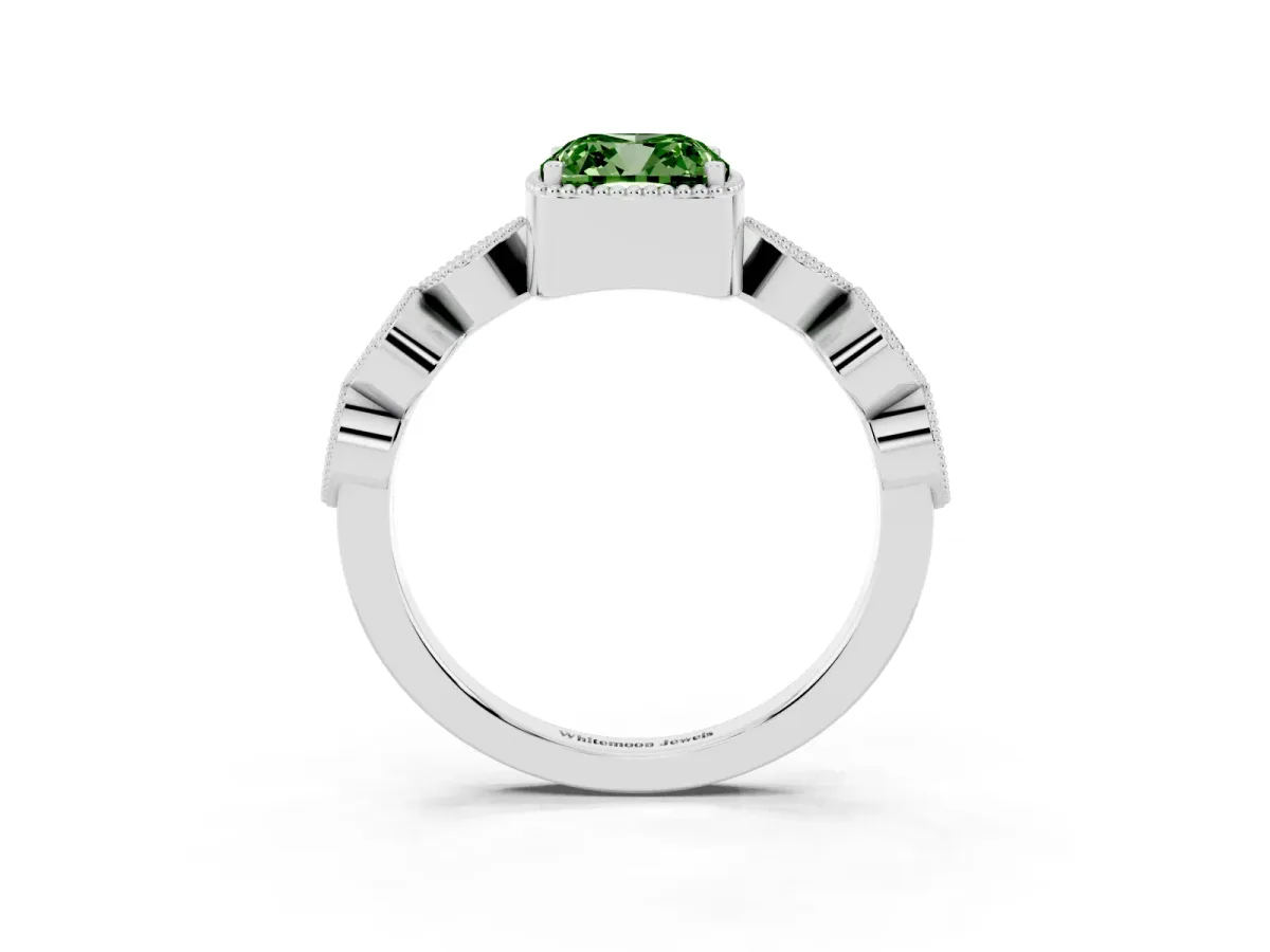 Fancy Green Cushion Cut Diamond Vintage Milgrain Ring with Round Stations Silver