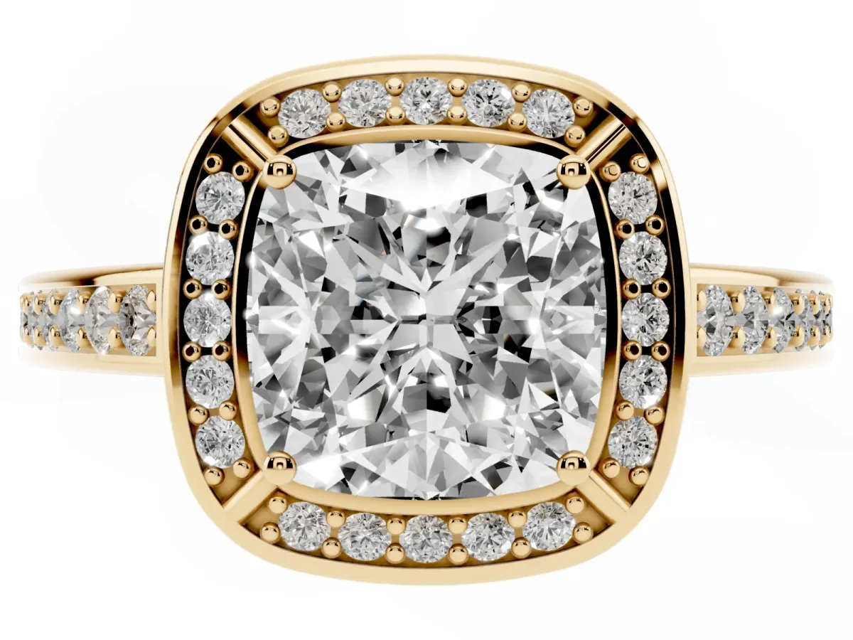 Cushion Cut Cut Halo Pave Split Shank Prong Setting Ring Yellow gold