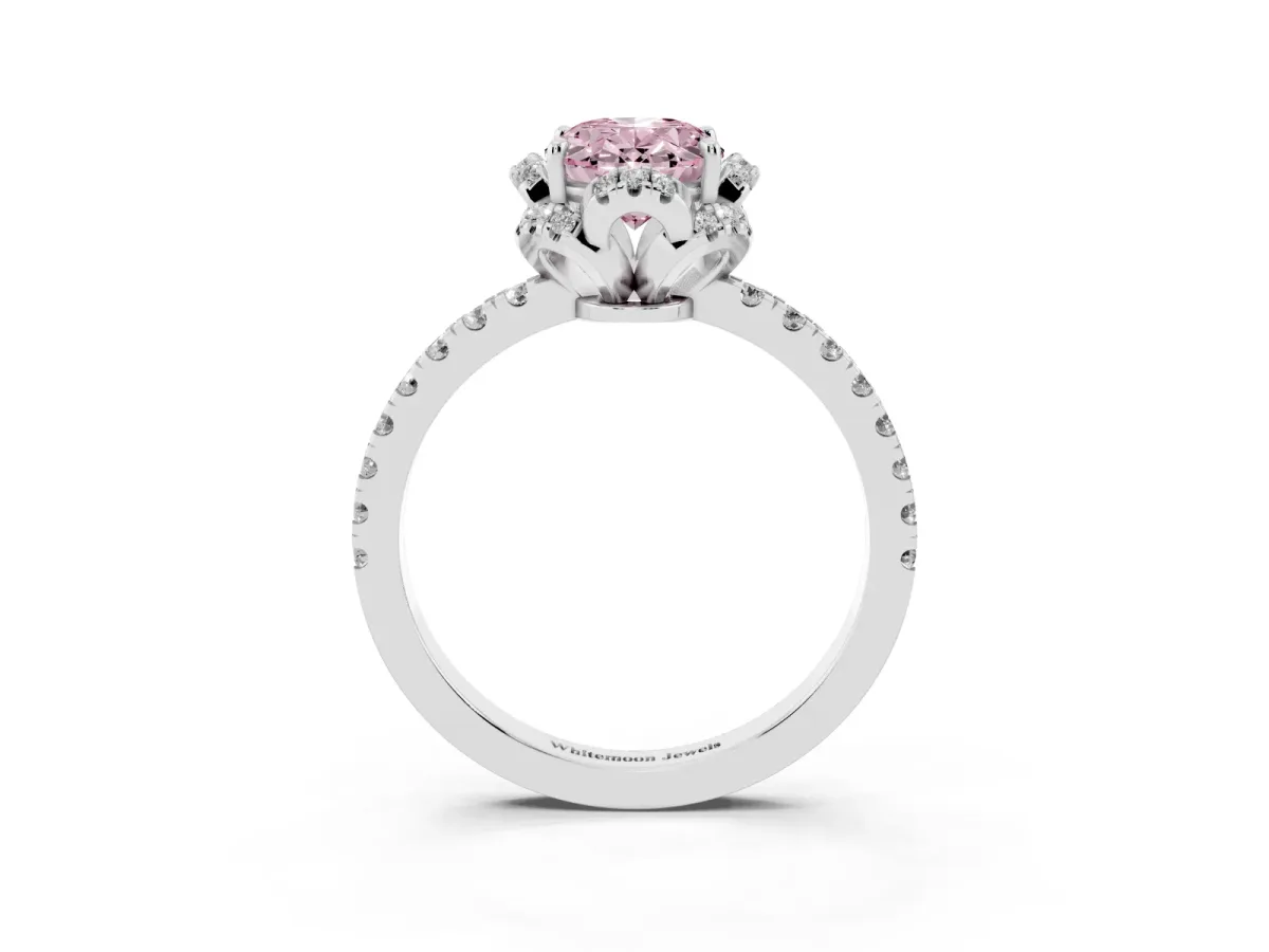 Fancy Pink Oval Cut Halo Diamond Pave Band Ring with Four-Prong Setting Silver