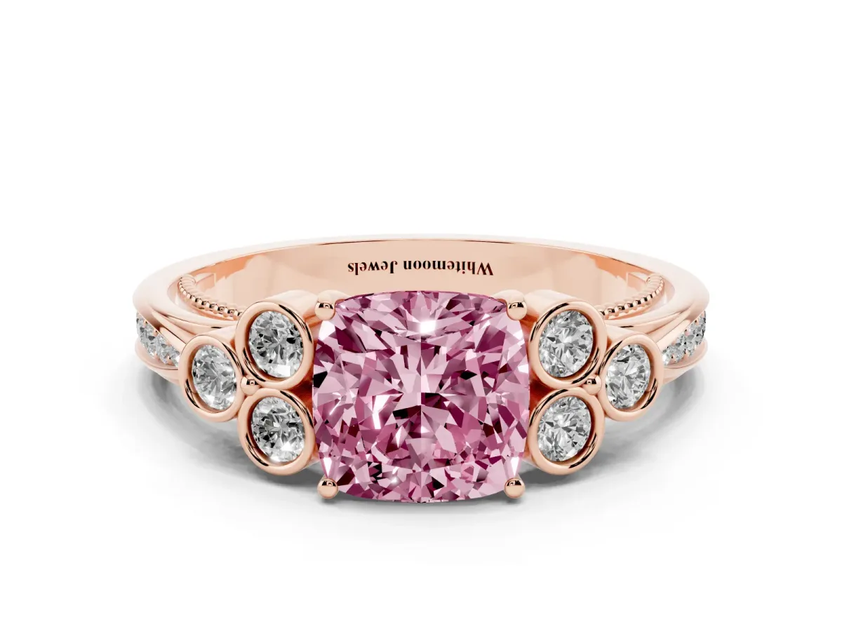 Fancy Pink Cushion Cut Cut Diamond Engagement Ring with Bezel Set Round Side Stones and Prong Setting Rose gold