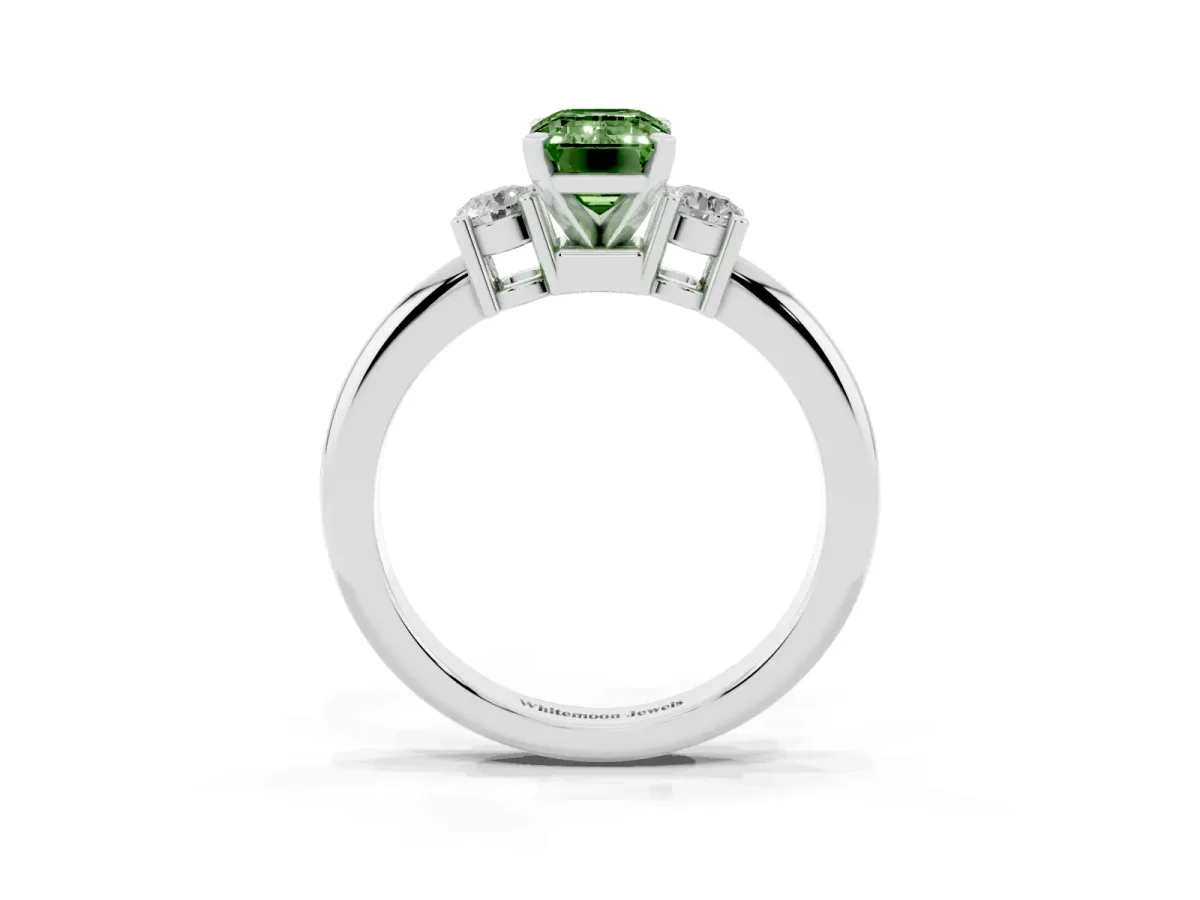 Fancy Green Three-Stone Emerald Cut Cut Diamond Solitaire with Prong Setting and Classic Band Silver
