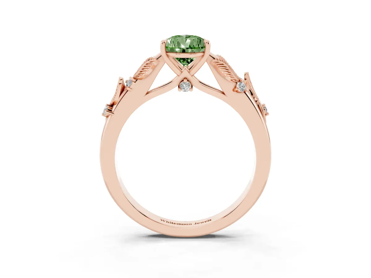 Fancy Green Pear Cut Diamond Solitaire Ring with Leaf Motif Band and Four-Prong Setting Rose gold