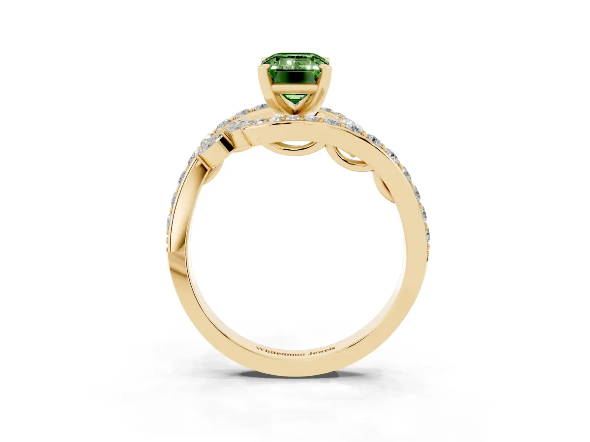 Fancy Green Emerald Cut Solitaire with Pavé Twist Band and Four-Prong Setting Yellow gold