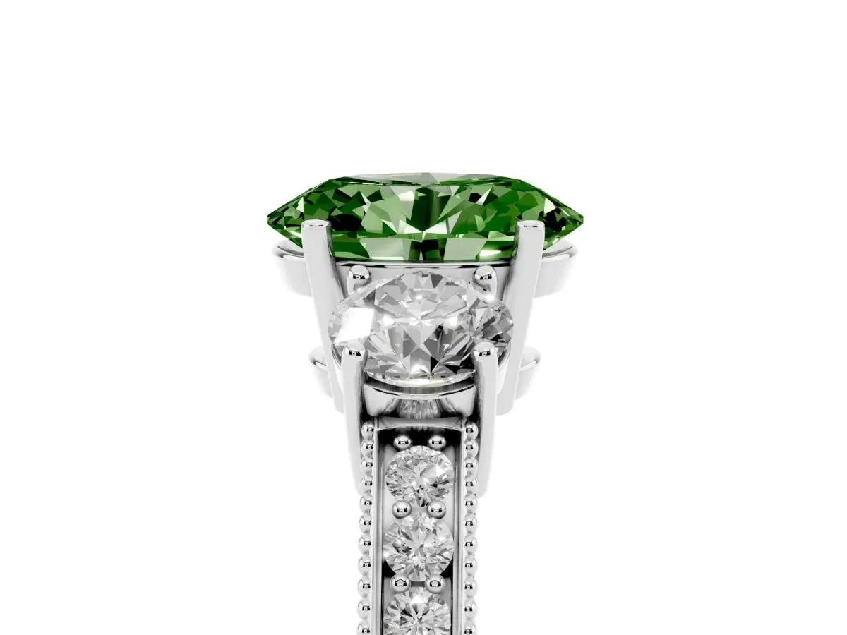 Fancy Green Oval Cut Three-Stone Diamond Ring with Pavé Band and Four-Prong Setting Silver