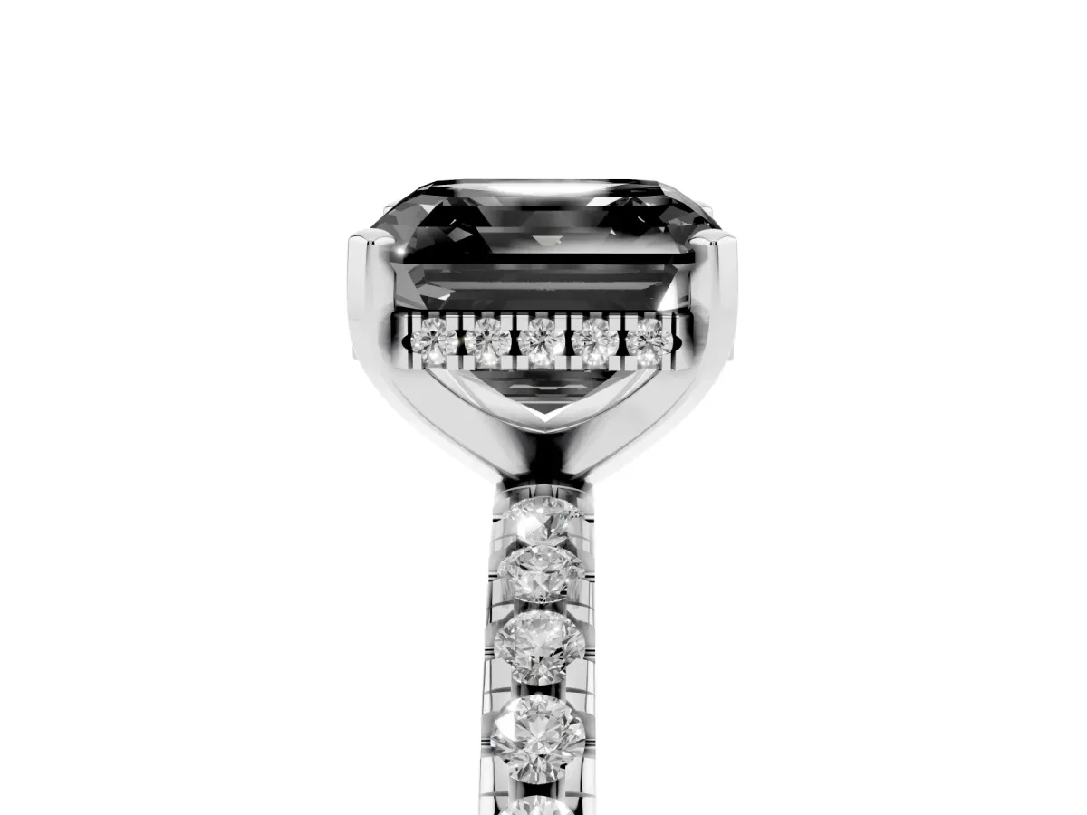 Fancy Black Asscher Cut Diamond Solitaire Ring with Round Pavé Band and Four-Prong Setting Silver