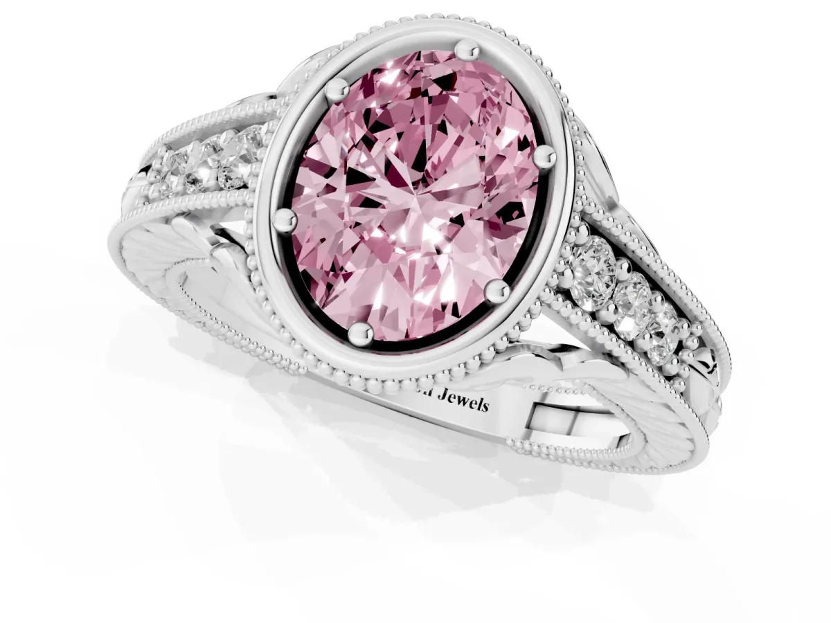Fancy Pink Bezel Set Oval Cut Diamond Milgrain Pave Engagement Ring Silver