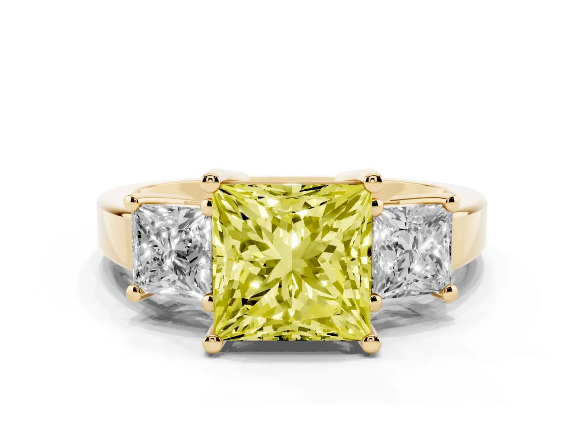 Fancy Yellow Three-Stone Princess Cut Cut Solitaire Ring with Prong Setting Yellow gold