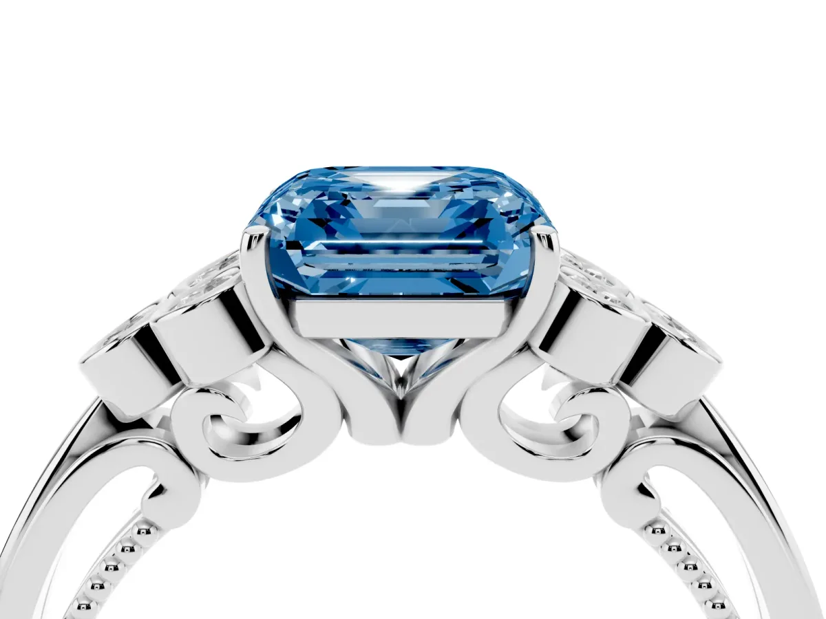 Fancy Blue Asscher Cut Cut Diamond Engagement Ring with Bezel Set Round Side Stones and Prong Setting Silver