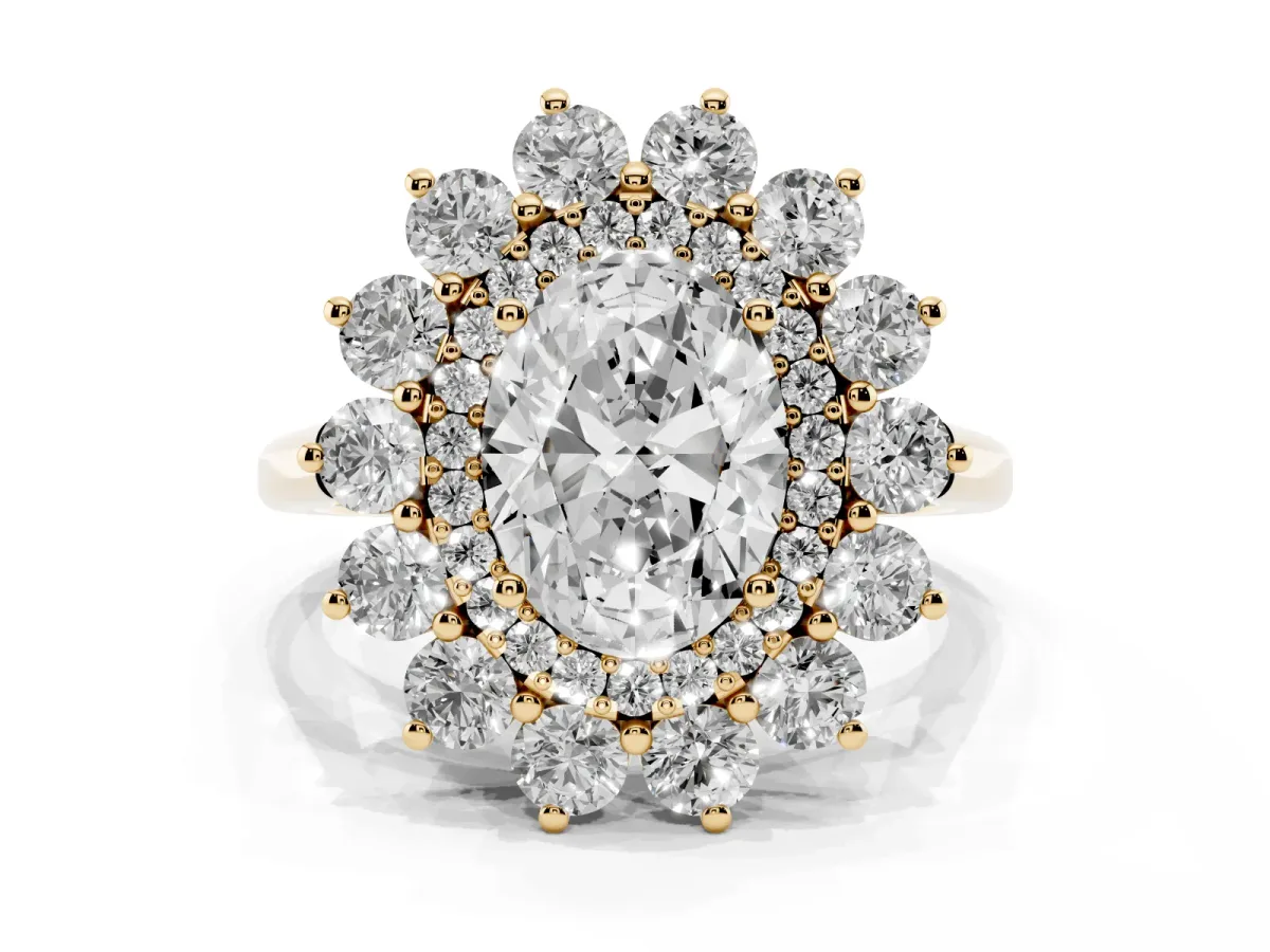 Oval Cut Diamond Floral Double Halo Engagement Ring with Prong Setting Yellow gold