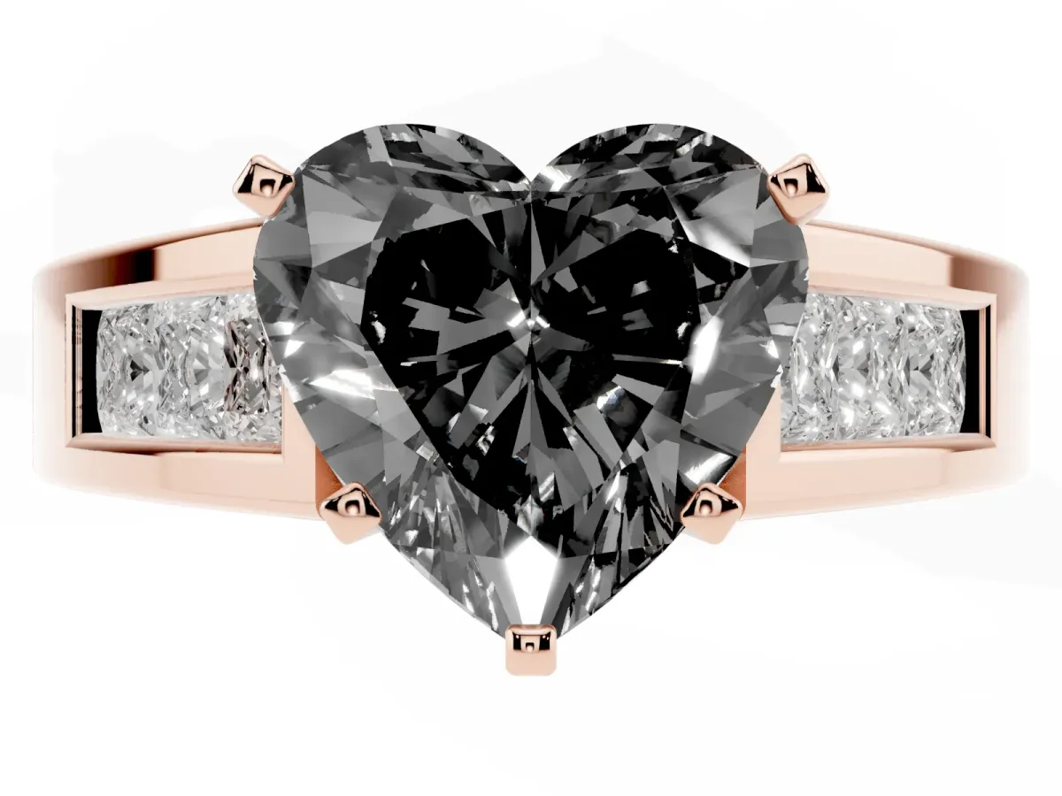 Fancy Black Heart Cut Cut Channel Set Solitaire Ring with Four-Prong Setting Rose gold