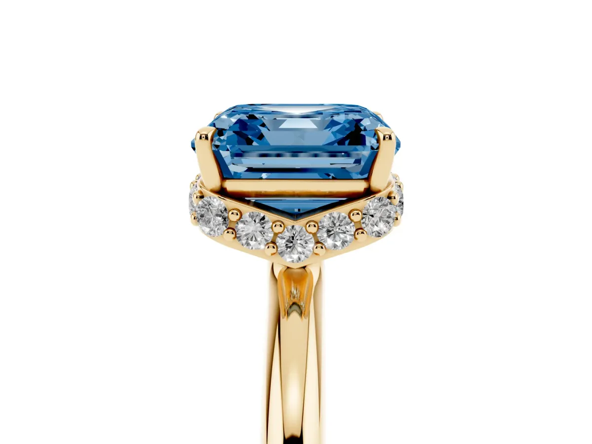 Fancy Blue Asscher Cut Brilliant Solitaire Engagement Ring with Six-Prong Setting and Classic Band Yellow gold
