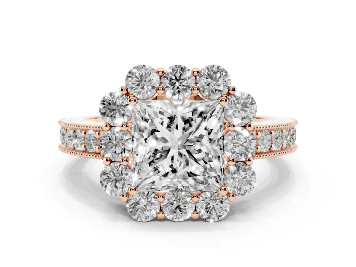 Princess Cut Cut Halo Diamond Pavé Engagement Ring with Milgrain Detailing Rose gold