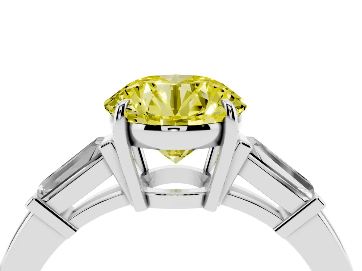Fancy Yellow Round Cut Diamond Three-Stone Ring with Tapered Baguette Side Stones and Prong Setting Silver