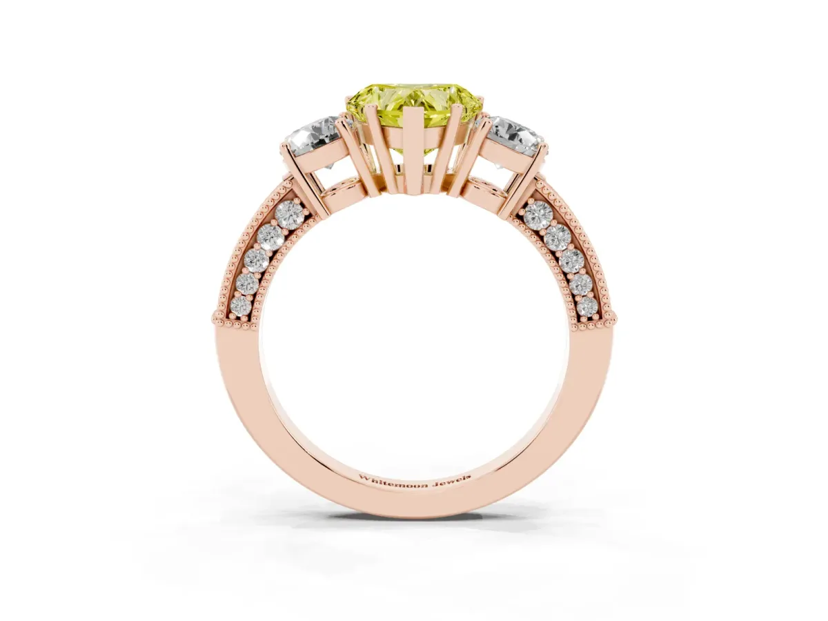 Fancy Yellow Heart Cut Three-Stone Diamond Ring with Pavé Band and Four-Prong Setting Rose gold
