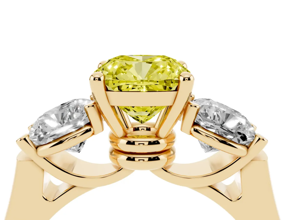 Fancy Yellow Three-Stone Cushion Cut Brilliant Diamond Trellis Ring with Comfort Fit Band Yellow gold