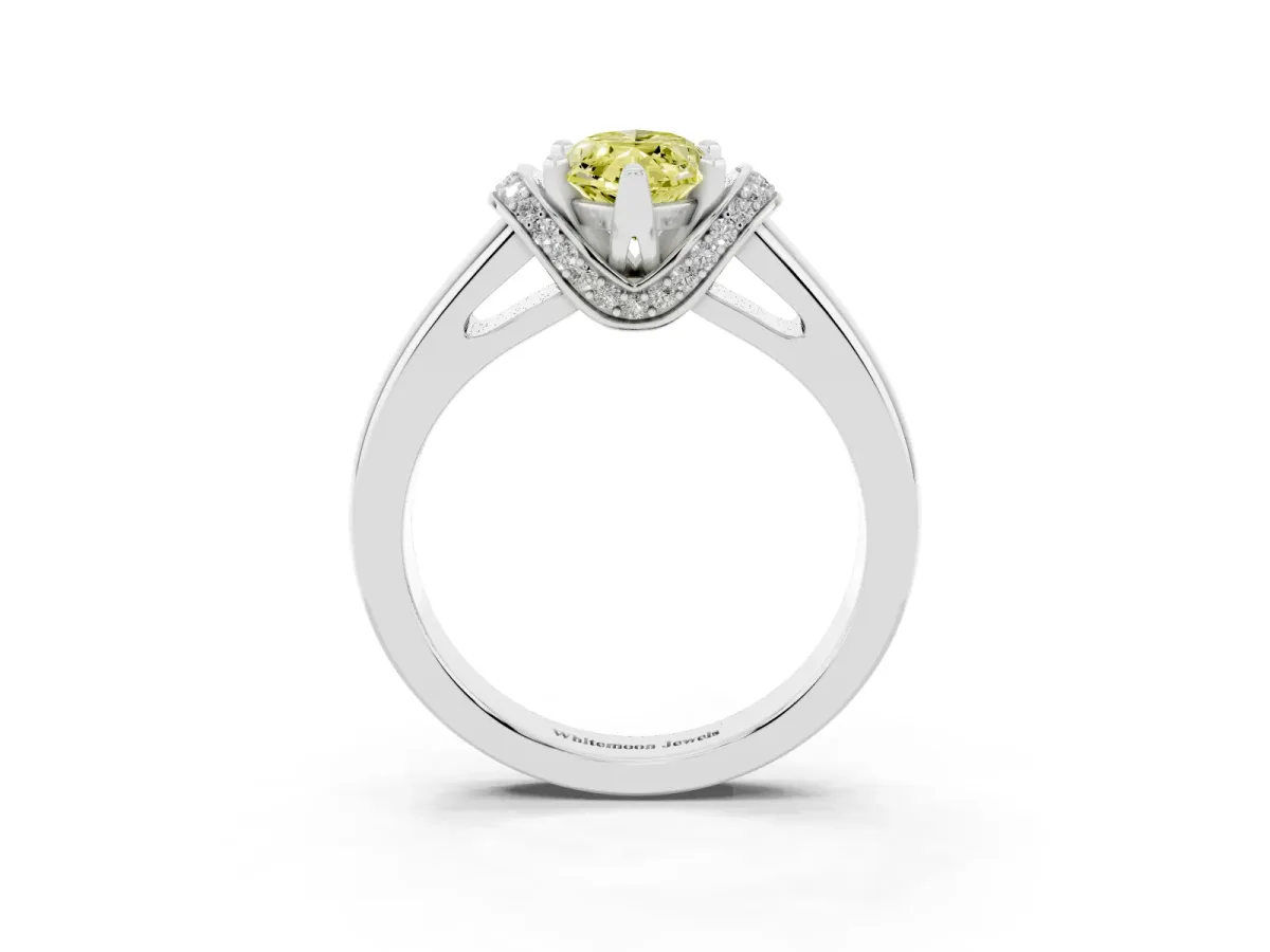 Fancy Yellow Marquise Cut Solitaire Diamond Ring with Pave Band and Six-Prong Setting Silver