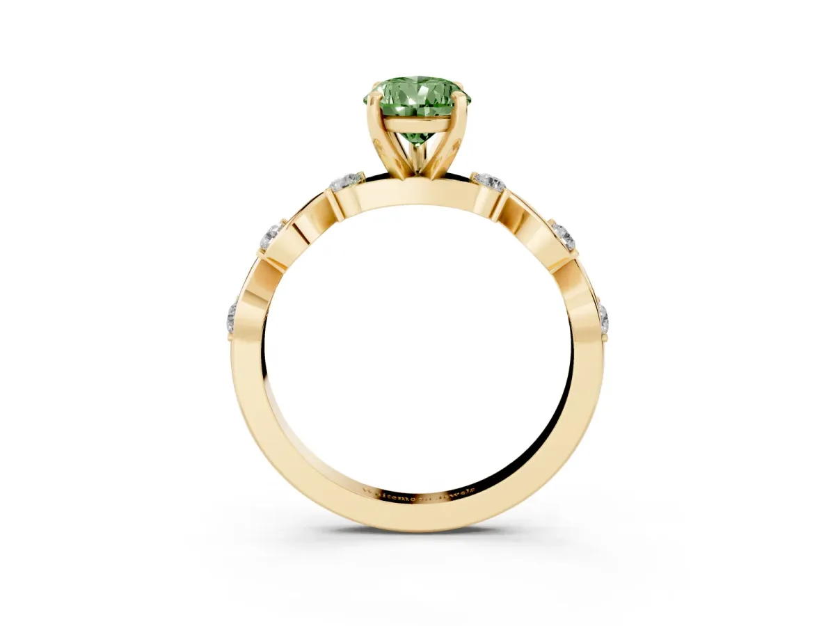 Fancy Green Pear Cut Diamond Solitaire Twisted Band with Round Accents and Prong Setting Yellow gold