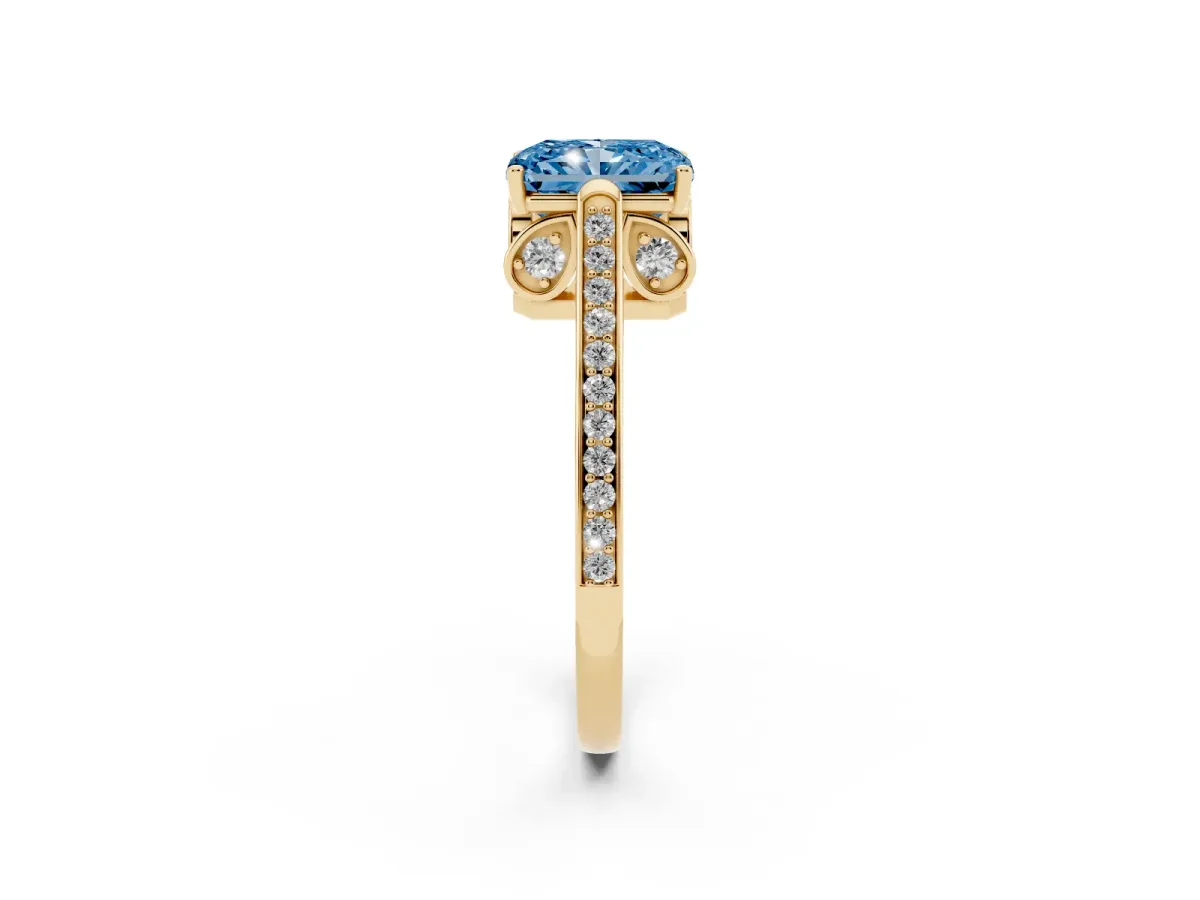 Fancy Blue Radiant Cut Cut Cathedral Pave Diamond Engagement Ring with Six-Prong Setting Yellow gold
