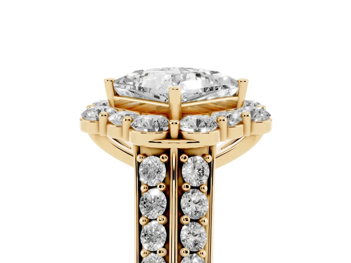 Princess Cut Halo Diamond Engagement Ring with Split Shank and Prong Setting Yellow gold