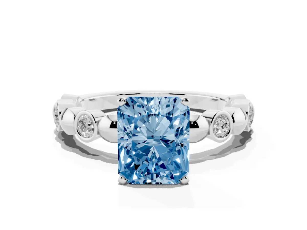 Fancy Blue Radiant Cut Solitaire Bezel-Set Diamond Ring with Beaded Band and Four-Prong Setting Silver