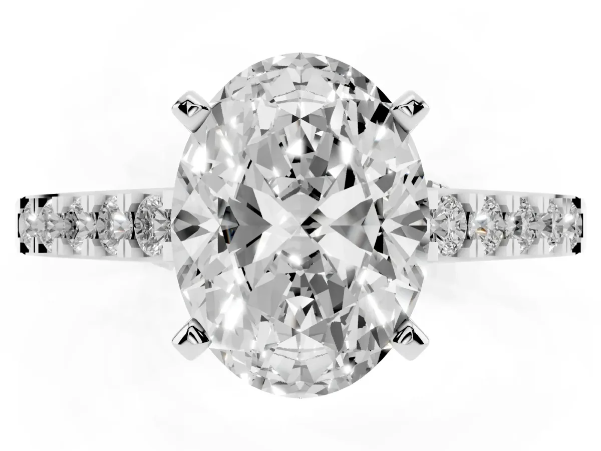 Oval Cut Diamond Solitaire Ring with Crossover Gallery and Round Pavé Band White gold