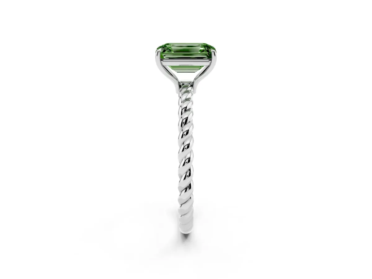 Fancy Green Emerald Cut Solitaire Twist Band Ring with Four-Prong Setting Platinum