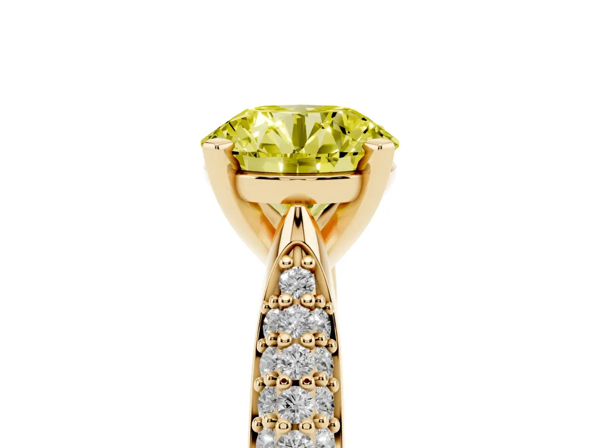Fancy Yellow Round Cut Diamond Solitaire Engagement Ring with Multi-Row Round Pavé Band and Prong Setting Yellow gold