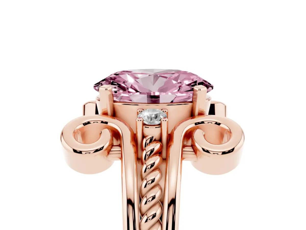 Fancy Pink Oval Cut Solitaire Twisted Band Scroll Prong Ring Rose gold
