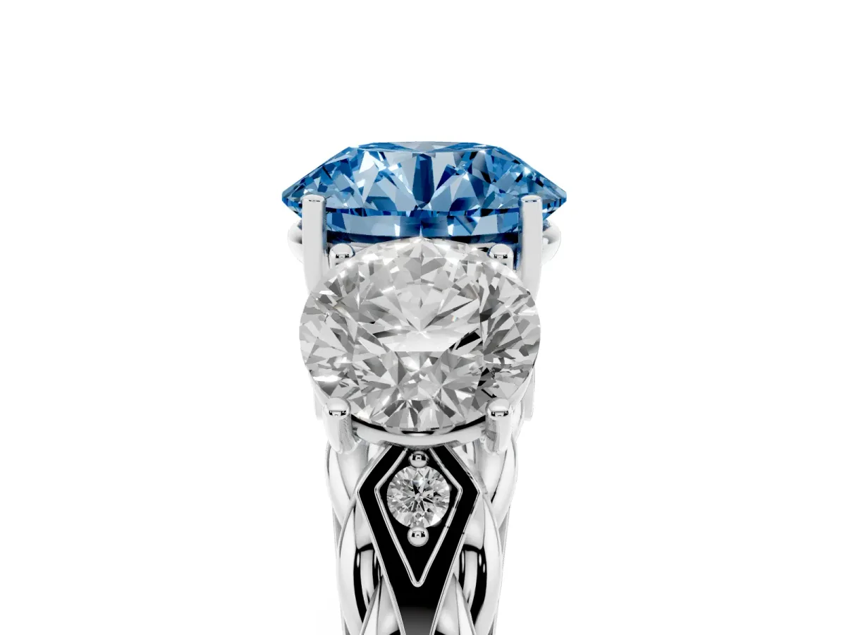 Fancy Blue Three-Stone Round Cut Diamond Braided Band Ring with Four-Prong Setting Platinum