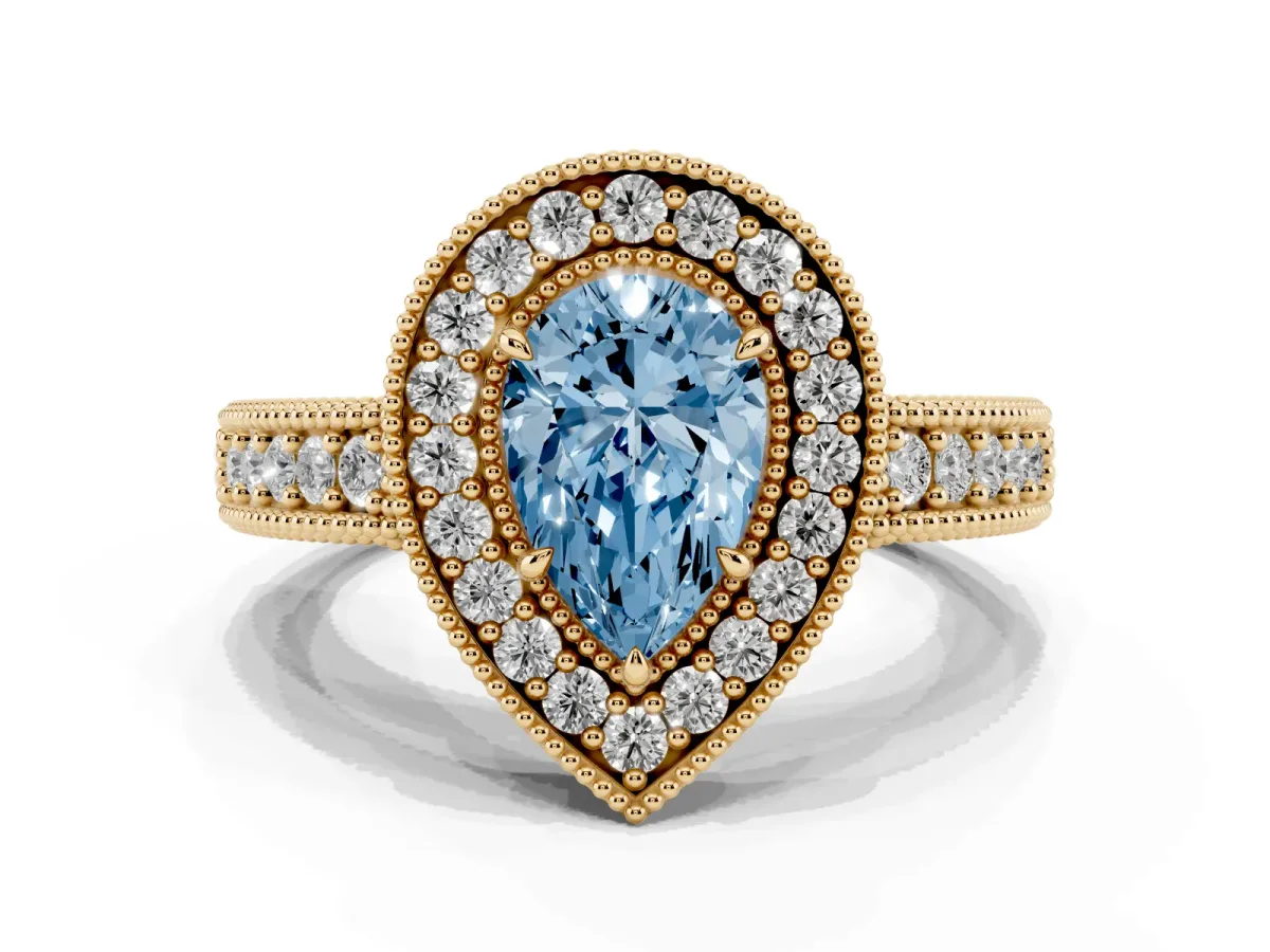 Fancy Blue Pear Cut Cut Halo Diamond Ring with Pavé Band and Four-Prong Setting Yellow gold
