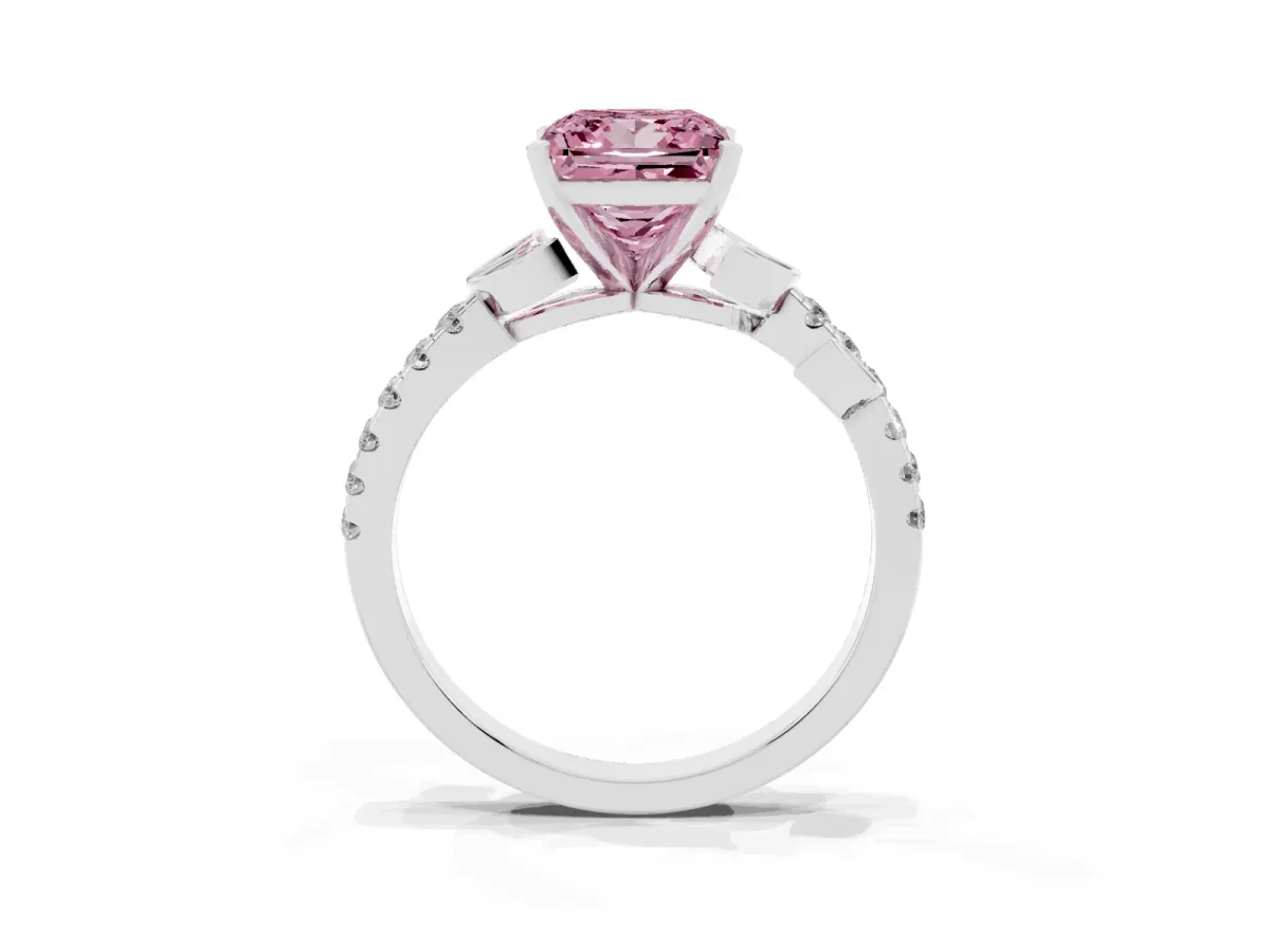 Fancy Pink Princess Cut Solitaire Leaf-Inspired Diamond Ring with Pavé Band and Four-Prong Setting Silver