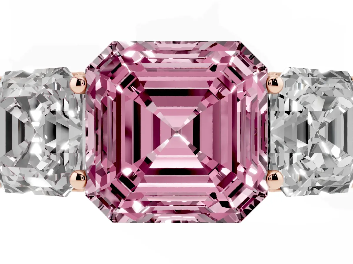 Fancy Pink Asscher Cut Three-Stone Diamond Ring with Prong Setting on a Classic Band Rose gold