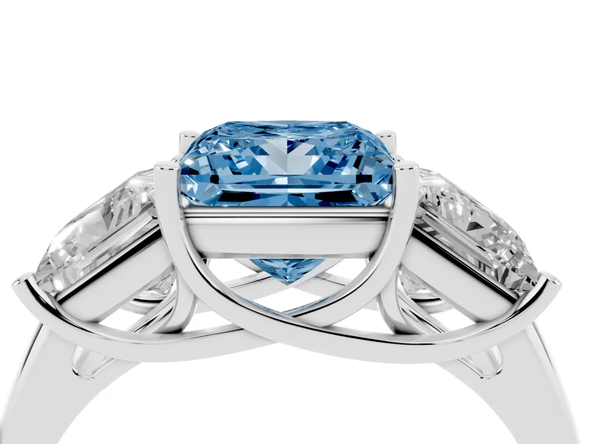 Fancy Blue Three-Stone Princess Cut Diamond Engagement Ring with Prong Setting White gold