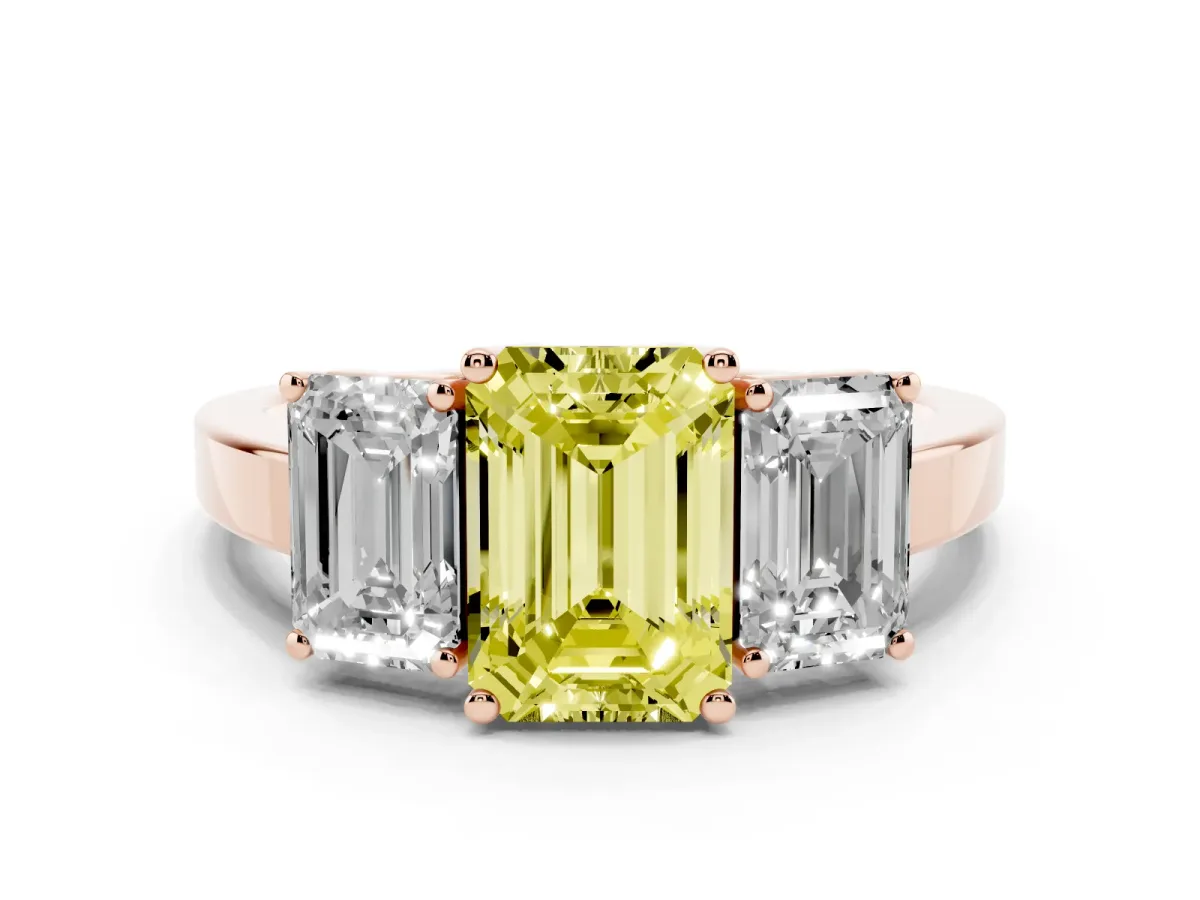 Fancy Yellow Three-Stone Emerald Cut Cut Diamond Engagement Ring with Flat Band and Four-Prong Setting Rose gold